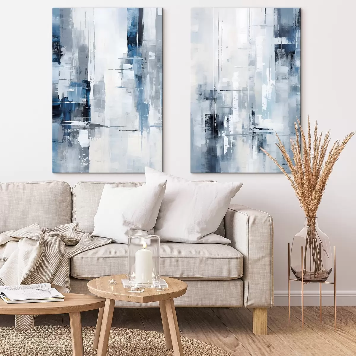  Schilderijen Abstracte schilderijimitatie met blauwe, grijze en witte kleuren, verticale lijnen en geometrische vormen m00819