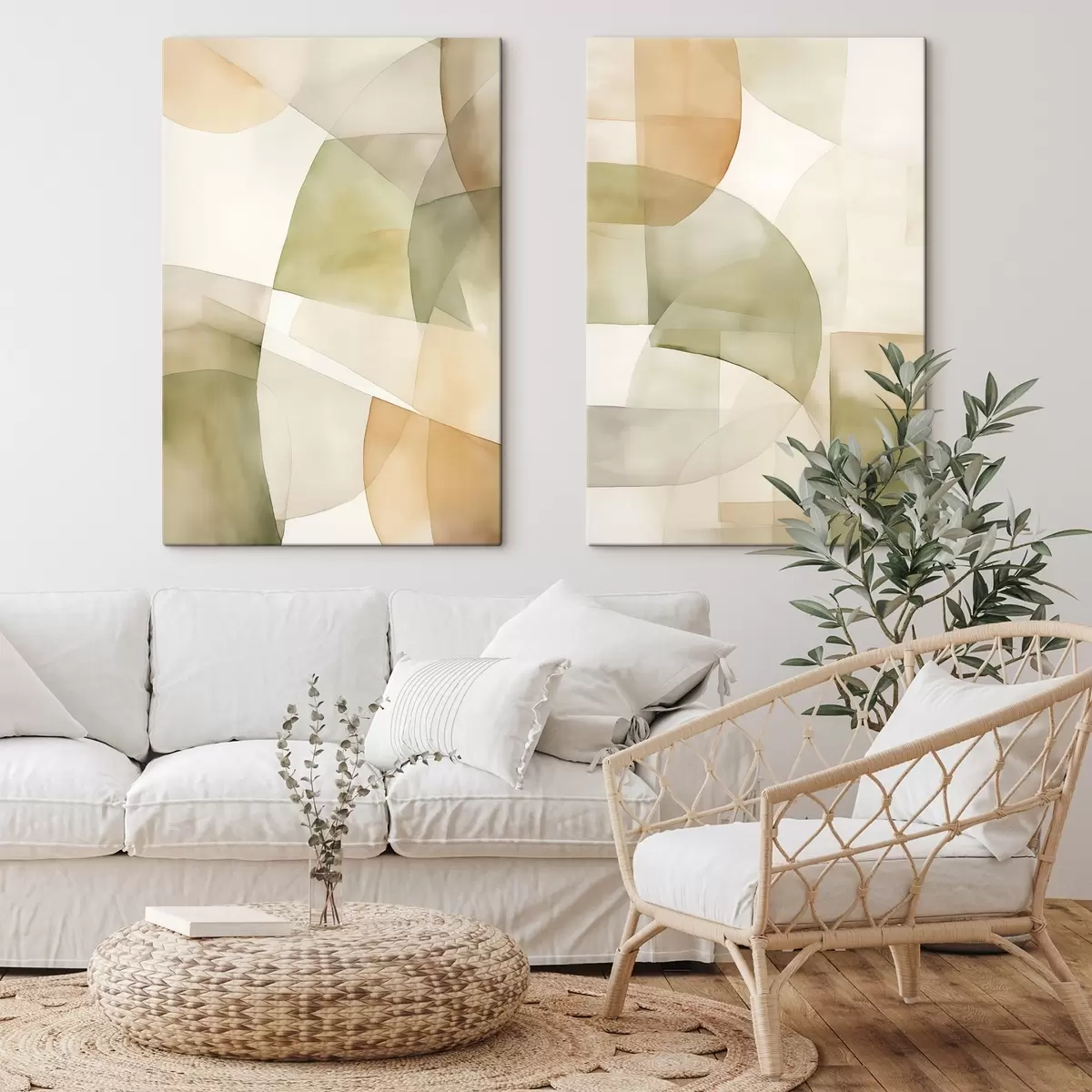  Schilderijen Abstracte geometrische vormen met waterverftextuur in tinten groen, bruin en beige m00820