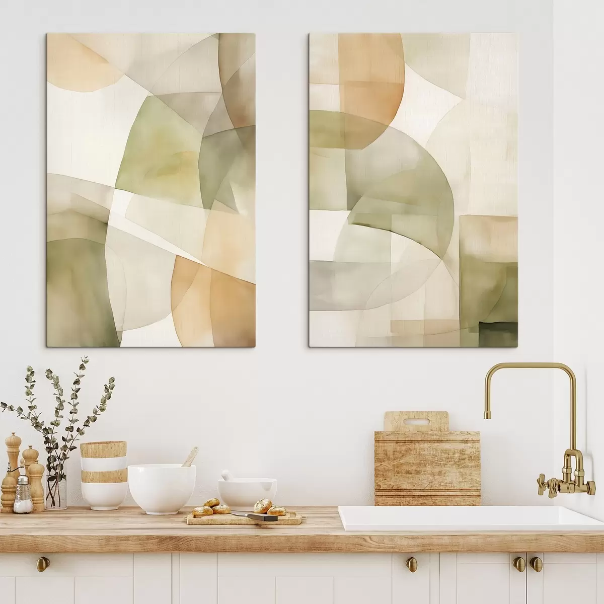  Schilderijen Abstracte geometrische vormen met waterverftextuur in tinten groen, bruin en beige m00820