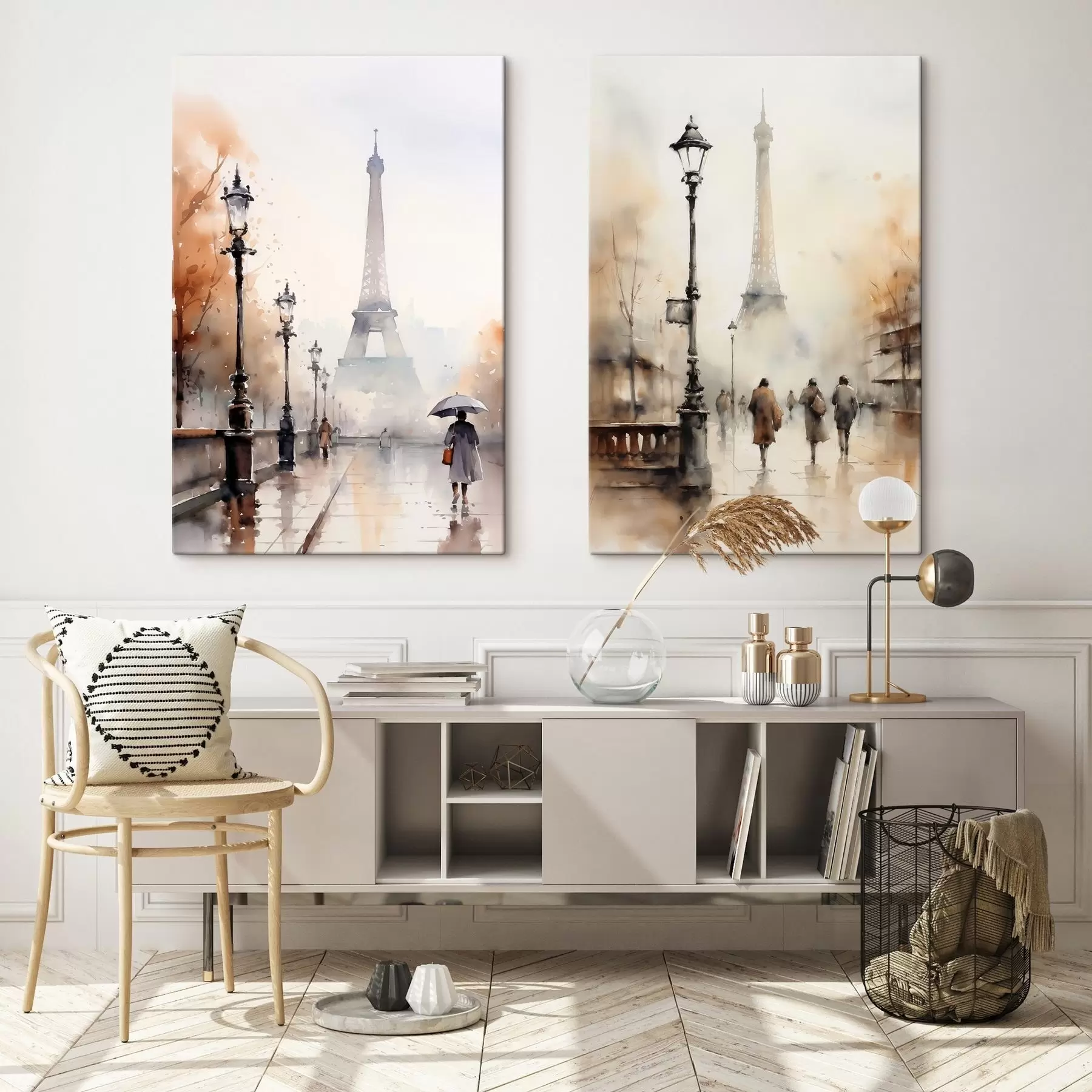  Schilderijen Een regenachtige herfstdag in Parijs met de Eiffeltoren op de achtergrond en vintage straatlantaarns m00821