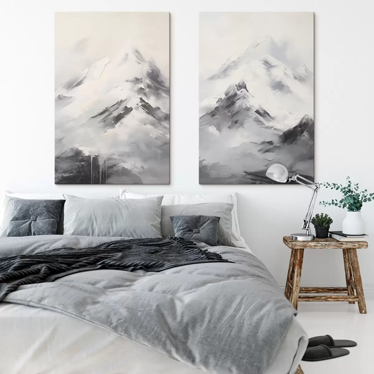  Schilderijen Besneeuwde bergtoppen met grijze schaduwen, grijze lucht, penseelstreken, gestructureerd, minimalistisch m00822