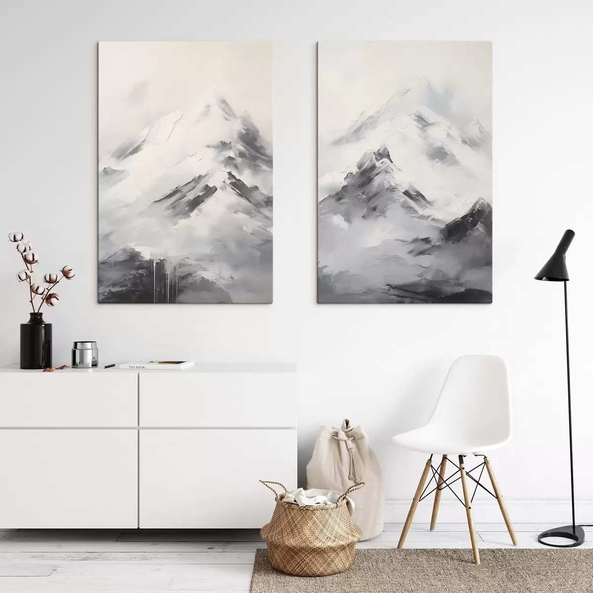  Schilderijen Besneeuwde bergtoppen met grijze schaduwen, grijze lucht, penseelstreken, gestructureerd, minimalistisch m00822