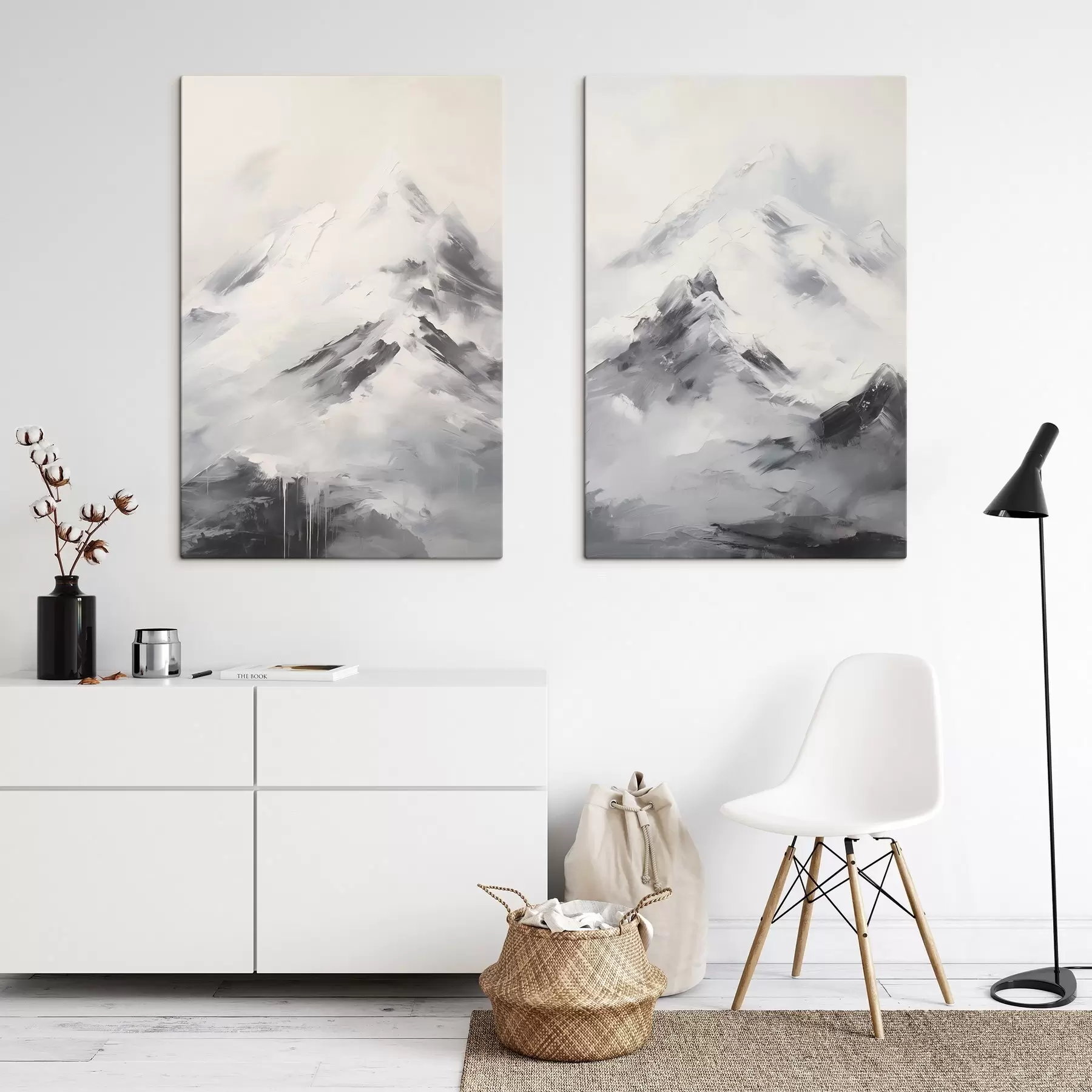  Schilderijen Besneeuwde bergtoppen met grijze schaduwen, grijze lucht, penseelstreken, gestructureerd, minimalistisch m00822