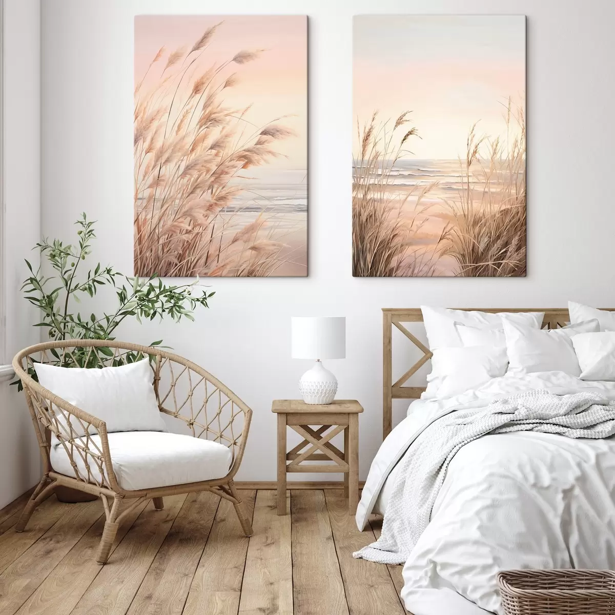  Schilderijen Pampagras met pasteloranje kleurenpalet, lichtroze lucht, een rustig landschap m00823