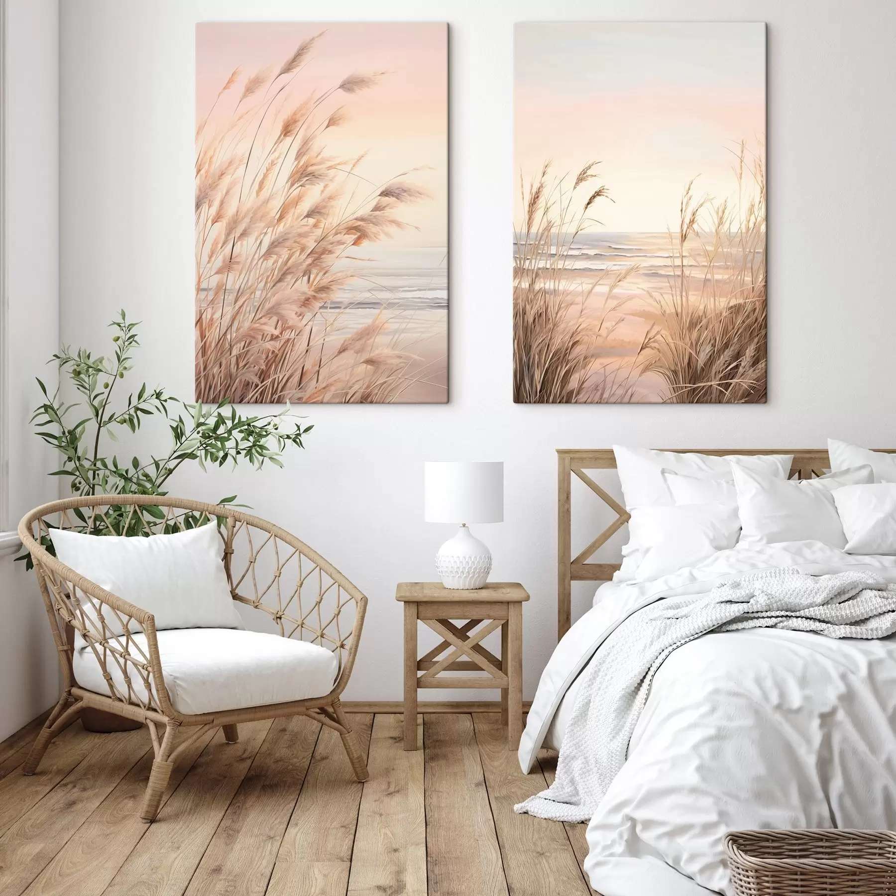  Schilderijen Pampagras met pasteloranje kleurenpalet, lichtroze lucht, een rustig landschap m00823