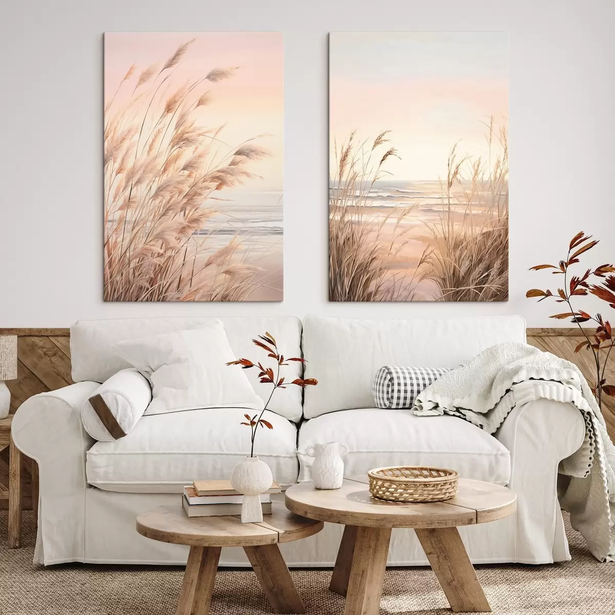  Schilderijen Pampagras met pasteloranje kleurenpalet, lichtroze lucht, een rustig landschap m00823