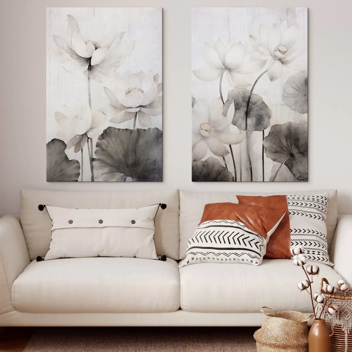  Schilderijen Witte lotusbloemen met textuur en donkere bladeren, lichte achtergrond, minimalistisch ontwerp m00824