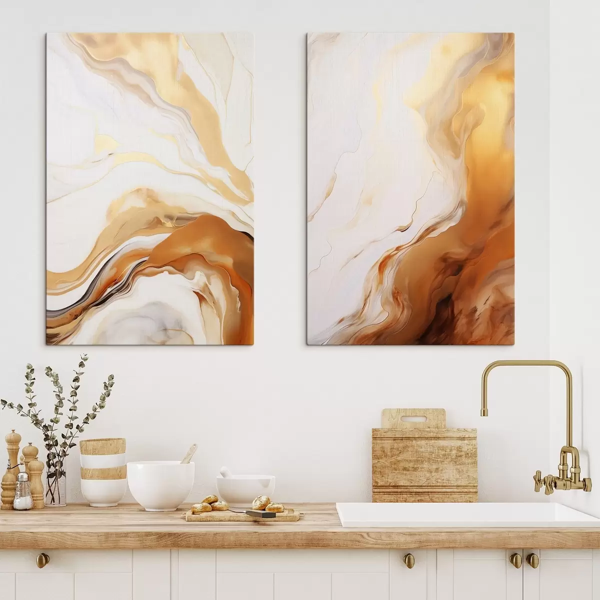  Schilderijen Abstracte schilderkunst imitatie met witte en oranje kleuren, vloeiende kunst met golvende lijnen, moderne kunst m00825
