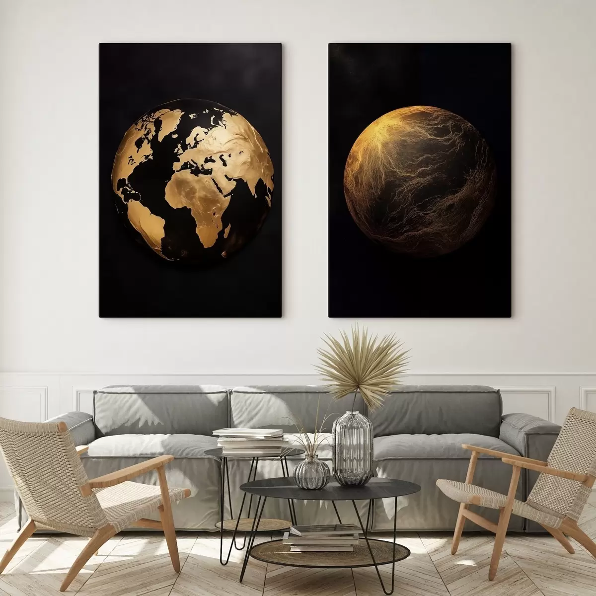  Schilderijen Geabstraheerde wereldbol en planeet met textuur op een zwarte achtergrond, moderne minimalistische kunst m00827