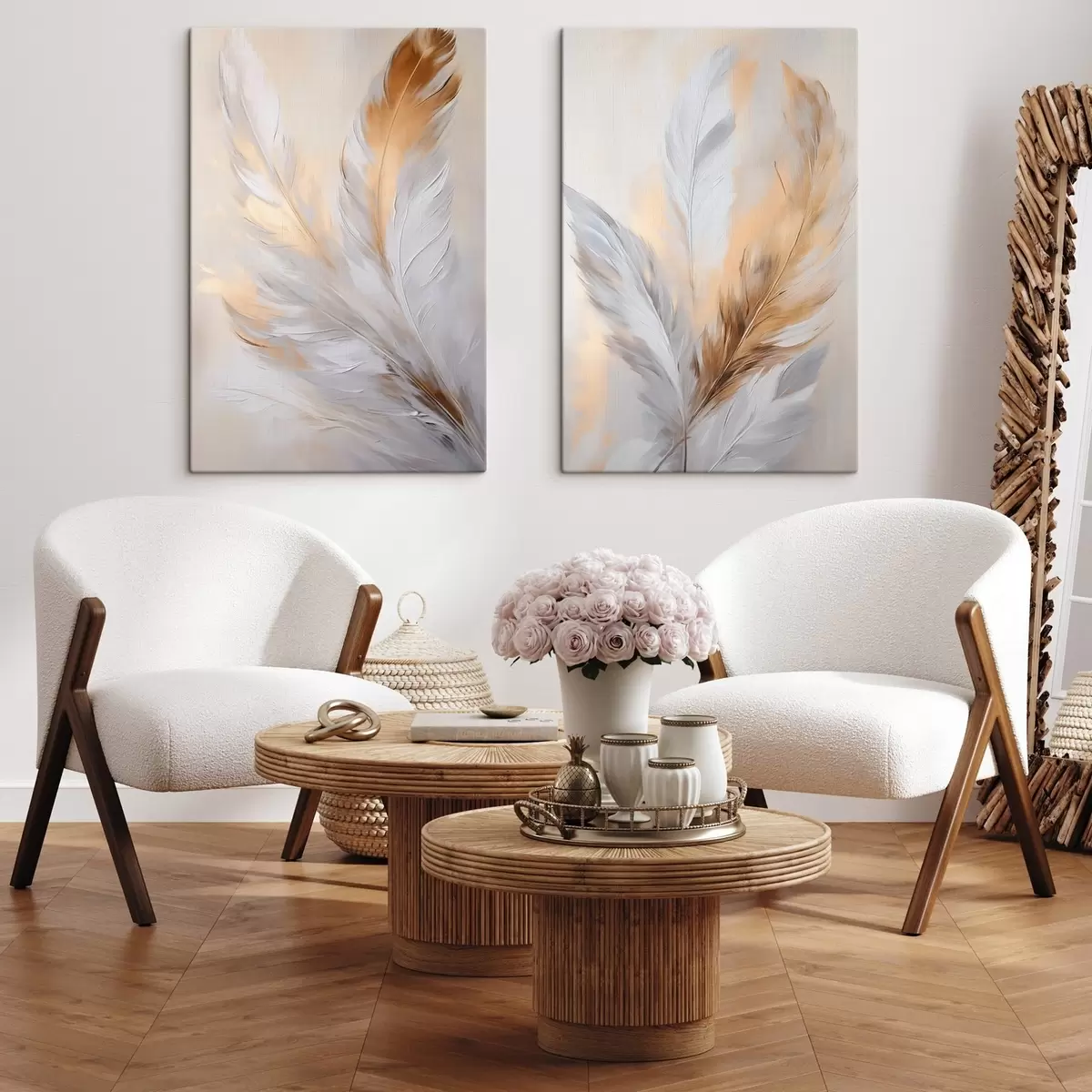  Schilderijen Veren met oranje accenten, minimalistische compositie met textuur, moderne kunst m00828