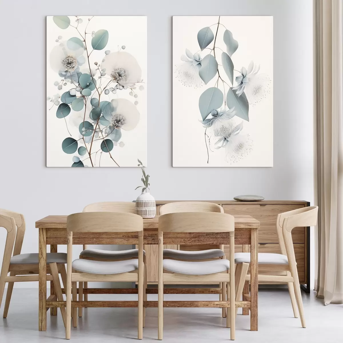  Schilderijen Eucalyptustak met blauwe bladeren en witte bloemen, lichte achtergrond m00829
