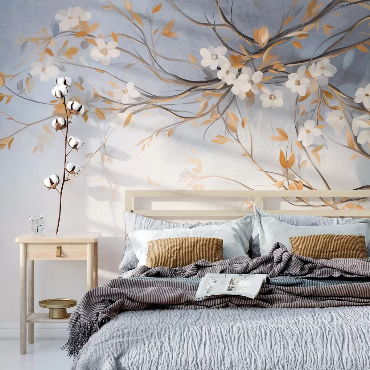 Fotobehang Witte bloemen met oranje bladeren op een boomtak, lichtblauwe achtergrond met textuur, delicate penseelstreken w09415