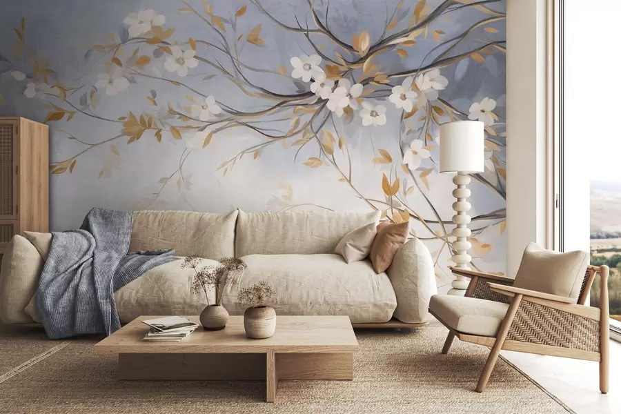 Fotobehang Witte bloemen met oranje bladeren op een boomtak, lichtblauwe achtergrond met textuur, delicate penseelstreken w09415