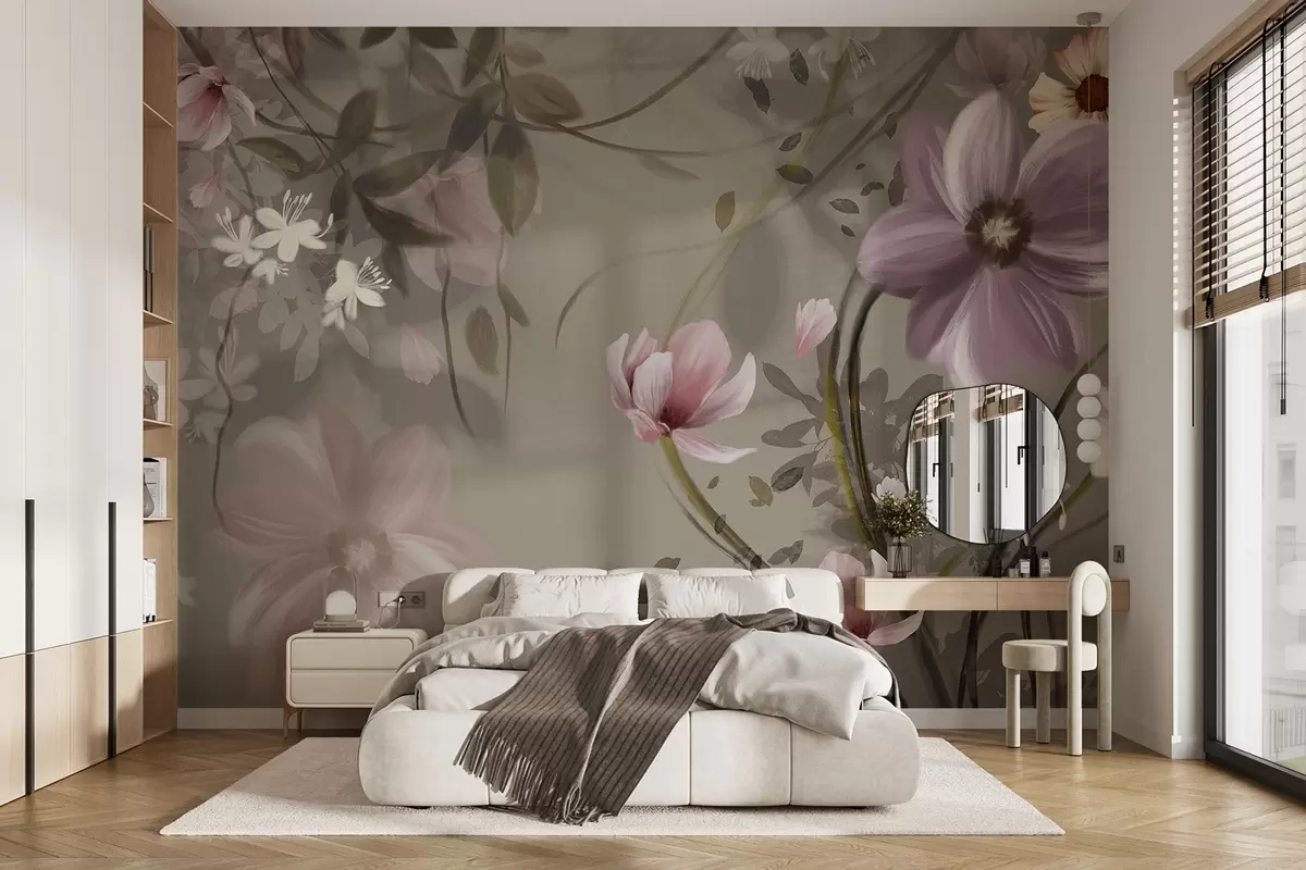 Fotobehang Roze en witte bloemen met bruine stelen en bladeren, zachte verlichting, gedempte kleuren, bloemstuk w09417