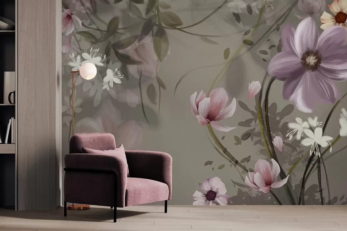 Fotobehang Roze en witte bloemen met bruine stelen en bladeren, zachte verlichting, gedempte kleuren, bloemstuk w09417