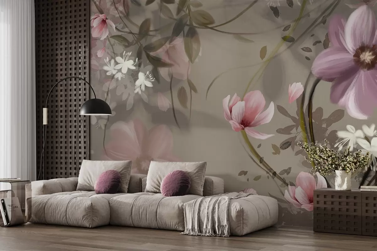 Fotobehang Roze en witte bloemen met bruine stelen en bladeren, zachte verlichting, gedempte kleuren, bloemstuk w09417
