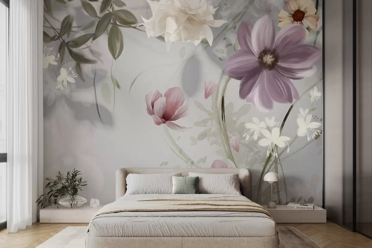 Fotobehang Roze en witte bloemen met groene stelen en bladeren, zachte verlichting, gedempte kleuren, bloemstuk w09417v1