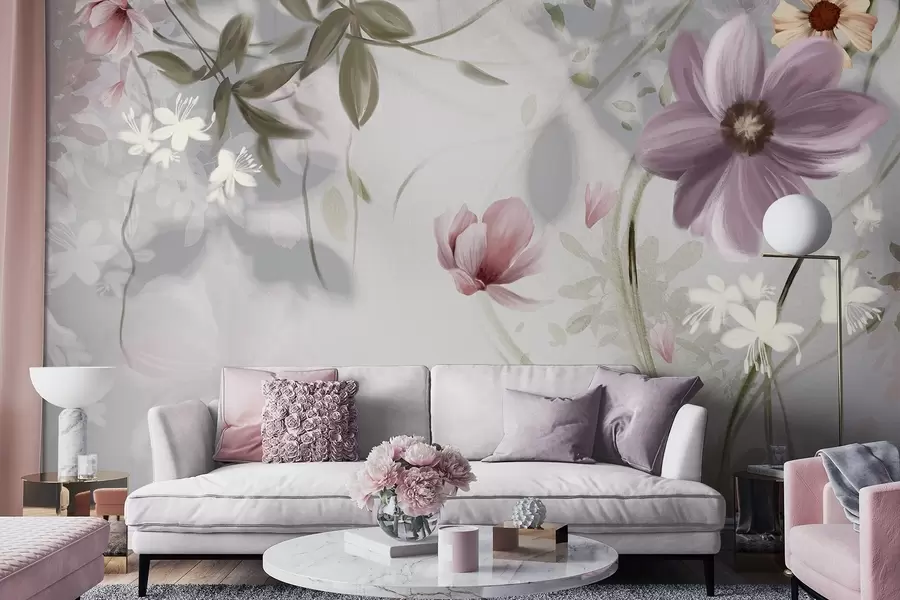 Fotobehang Roze en witte bloemen met groene stelen en bladeren, zachte verlichting, gedempte kleuren, bloemstuk w09417v1