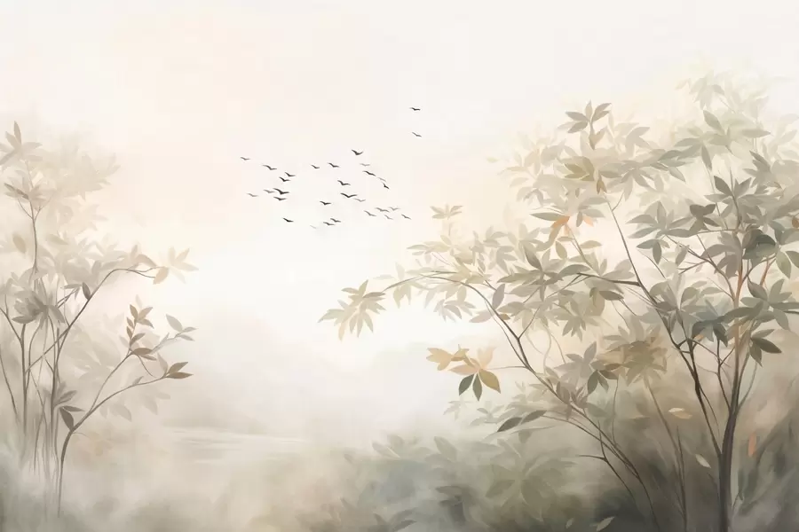 Fotobehang Landschap met textuur, bomen en een zwerm vogels die door de lucht vliegen, pastelkleuren, natuurtafereel  w09418