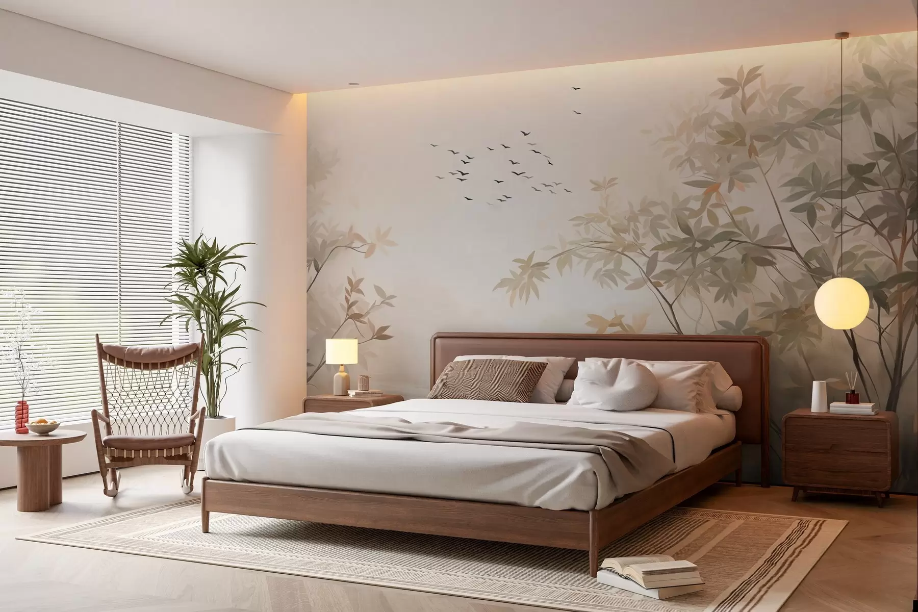 Fotobehang Landschap met textuur, bomen en een zwerm vogels die door de lucht vliegen, pastelkleuren, natuurtafereel  w09418