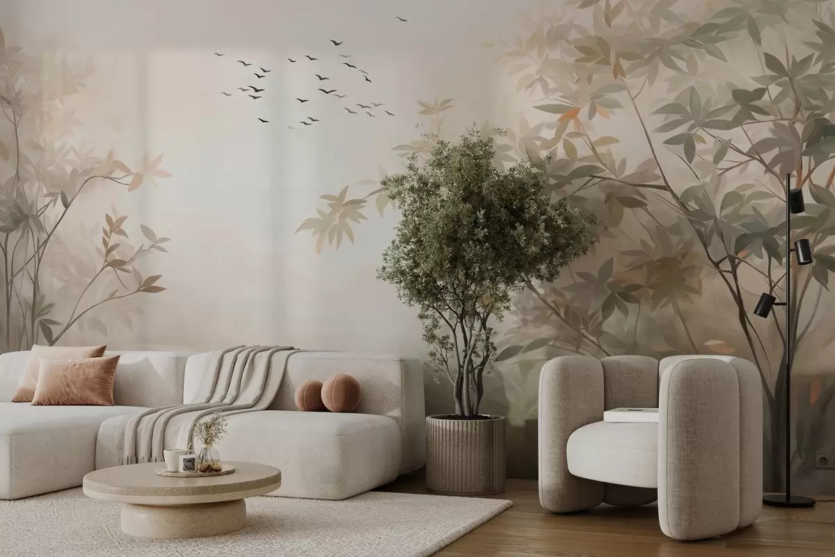 Fotobehang Landschap met textuur, bomen en een zwerm vogels die door de lucht vliegen, pastelkleuren, natuurtafereel  w09418