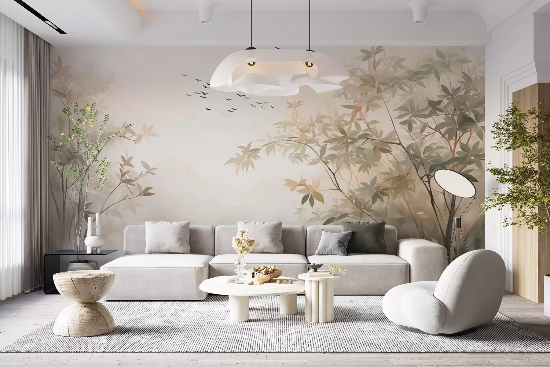 Fotobehang Landschap met textuur, bomen en een zwerm vogels die door de lucht vliegen, pastelkleuren, natuurtafereel  w09418