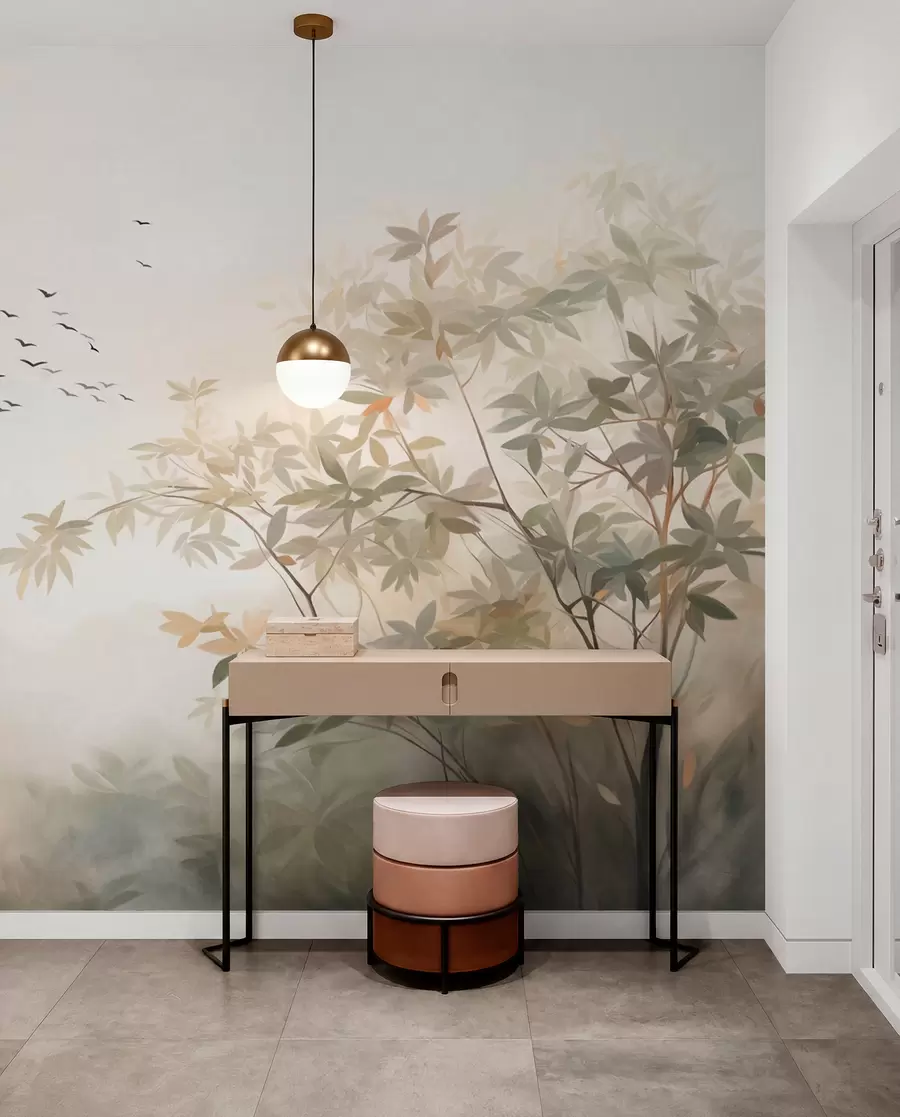Fotobehang Landschap met textuur, bomen en een zwerm vogels die door de lucht vliegen, pastelkleuren, natuurtafereel  w09418