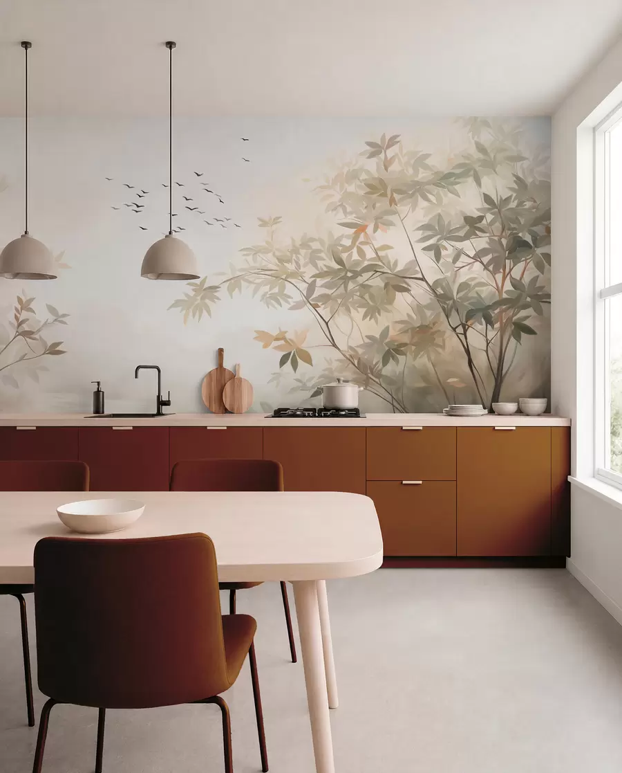 Fotobehang Landschap met textuur, bomen en een zwerm vogels die door de lucht vliegen, pastelkleuren, natuurtafereel  w09418