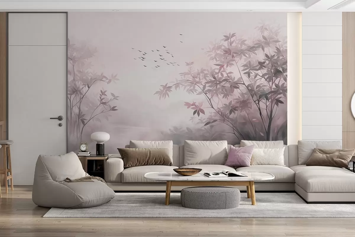 Fotobehang Landschap met textuur, bomen en een zwerm vogels die door de lucht vliegen, pastelkleuren, natuurtafereel w09418v1