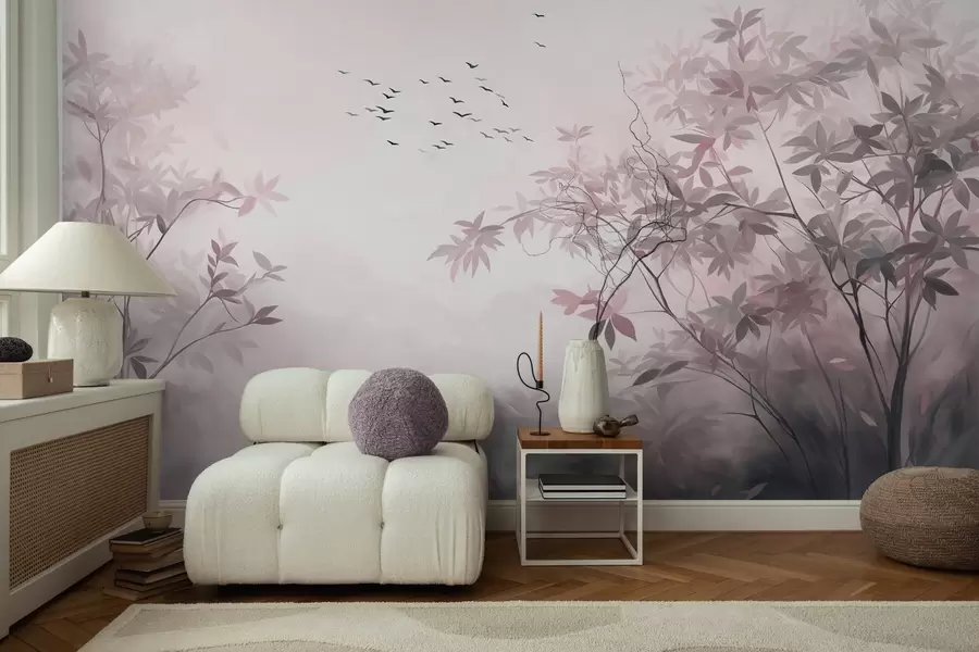 Fotobehang Landschap met textuur, bomen en een zwerm vogels die door de lucht vliegen, pastelkleuren, natuurtafereel w09418v1