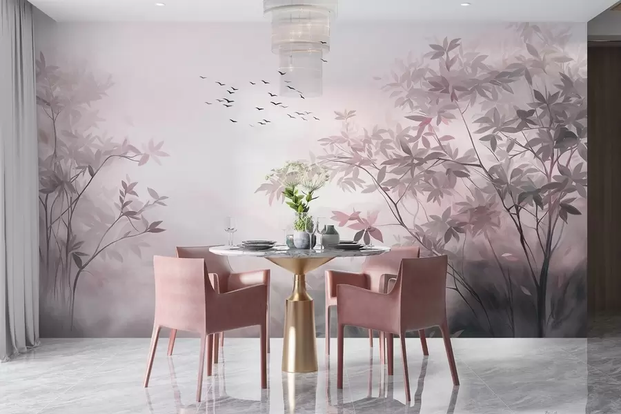 Fotobehang Landschap met textuur, bomen en een zwerm vogels die door de lucht vliegen, pastelkleuren, natuurtafereel w09418v1
