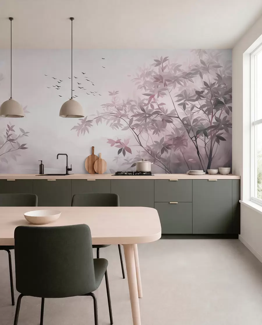 Fotobehang Landschap met textuur, bomen en een zwerm vogels die door de lucht vliegen, pastelkleuren, natuurtafereel w09418v1