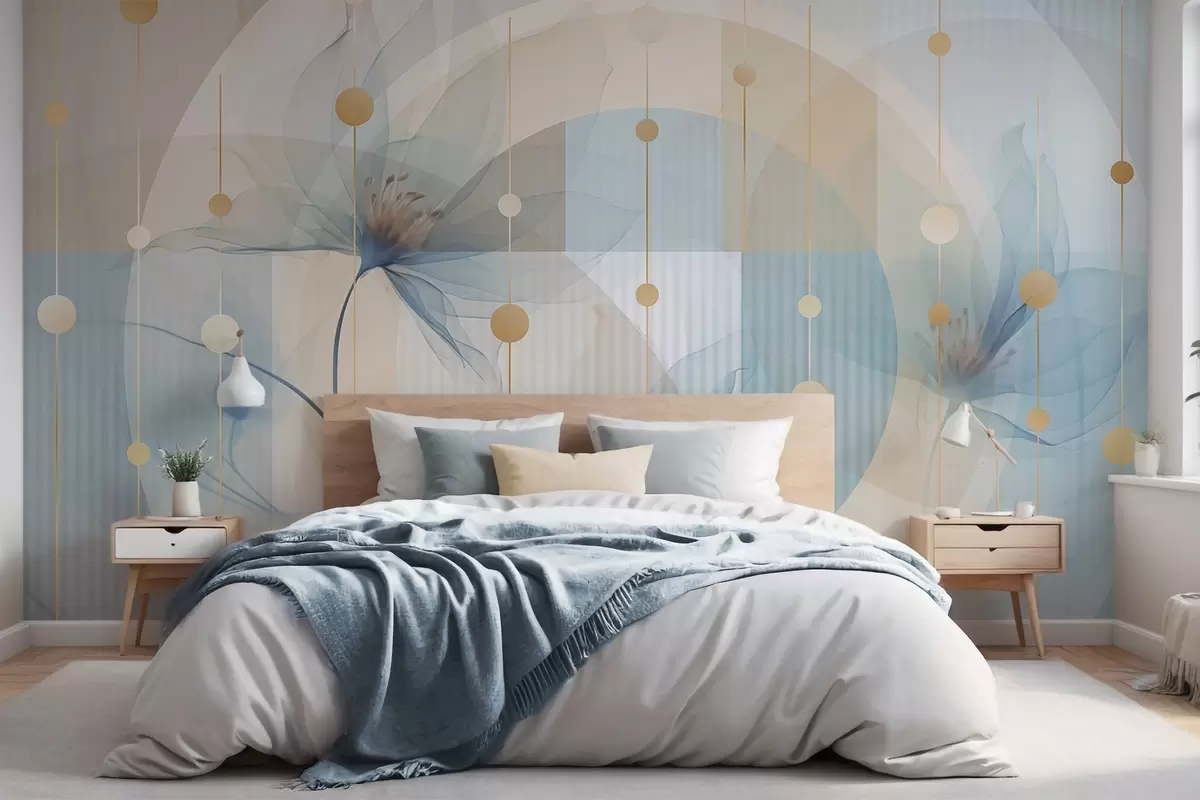 Fotobehang Abstracte doorschijnende bloemen, cirkels en geometrische vormen, pastelblauw, beige en wit kleurenpalet w09419