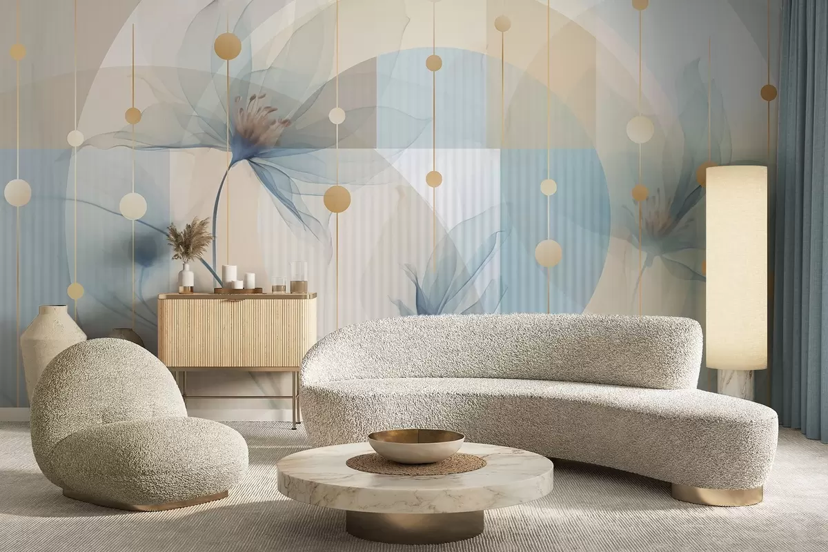 Fotobehang Abstracte doorschijnende bloemen, cirkels en geometrische vormen, pastelblauw, beige en wit kleurenpalet w09419