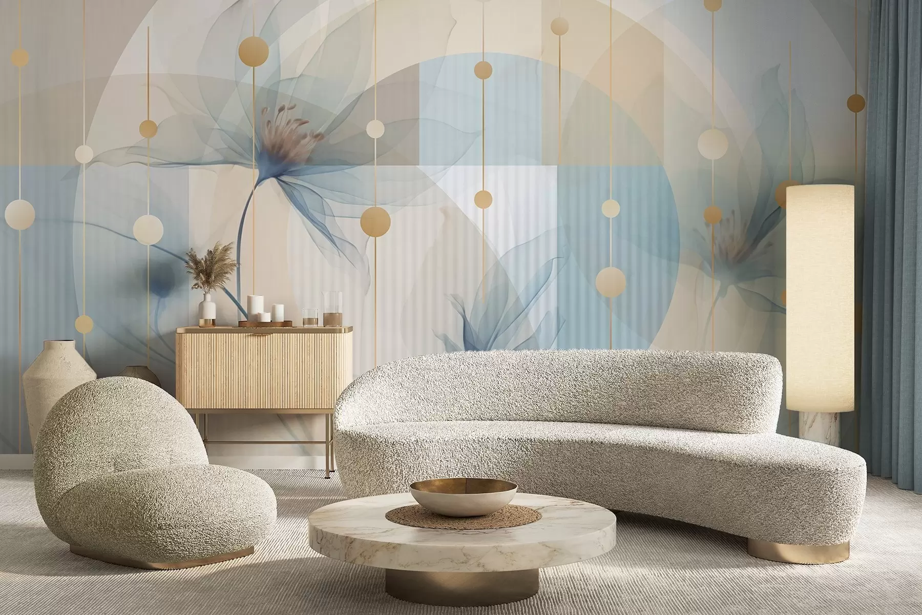 Fotobehang Abstracte doorschijnende bloemen, cirkels en geometrische vormen, pastelblauw, beige en wit kleurenpalet w09419