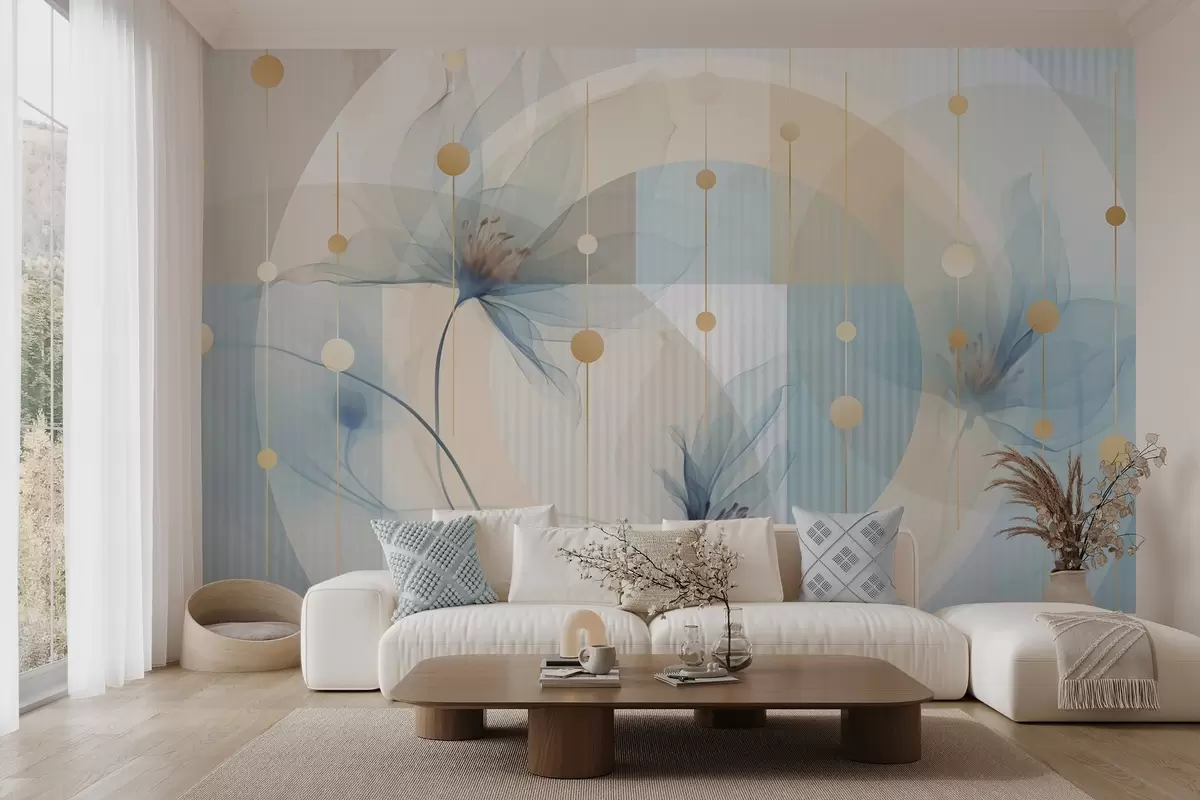 Fotobehang Abstracte doorschijnende bloemen, cirkels en geometrische vormen, pastelblauw, beige en wit kleurenpalet w09419