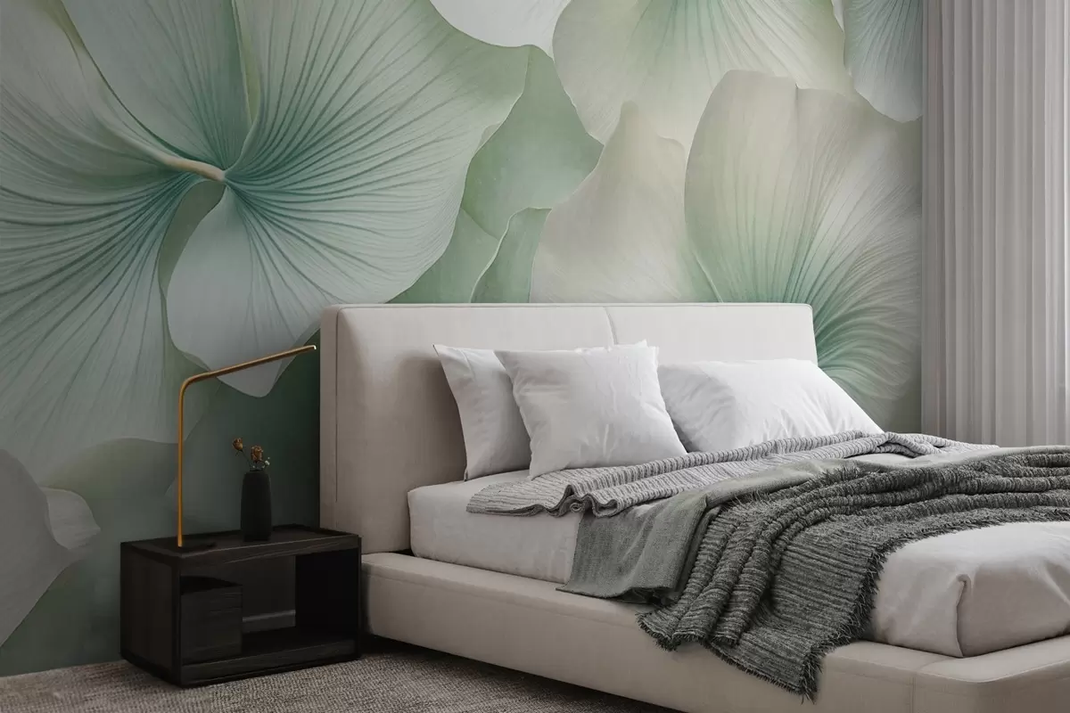 Fotobehang Witte en groene ginkgobladeren, zachte textuur, abstracte bloemenachtergrond, minimalistische moderne stijl w09421