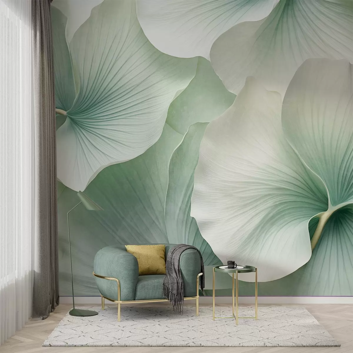Fotobehang Witte en groene ginkgobladeren, zachte textuur, abstracte bloemenachtergrond, minimalistische moderne stijl w09421
