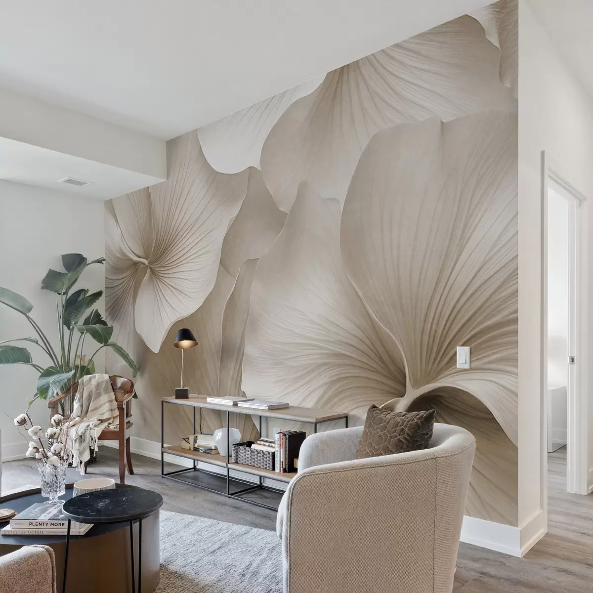 Fotobehang Witte en beige ginkgobladeren, zachte textuur, abstracte bloemenachtergrond, minimalistische moderne stijl w09421v1