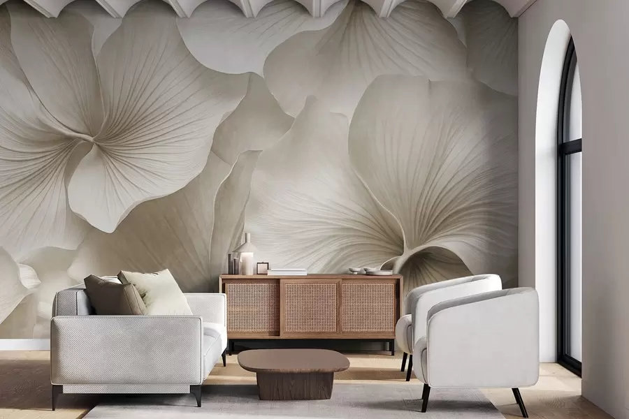 Fotobehang Witte en beige ginkgobladeren, zachte textuur, abstracte bloemenachtergrond, minimalistische moderne stijl w09421v1