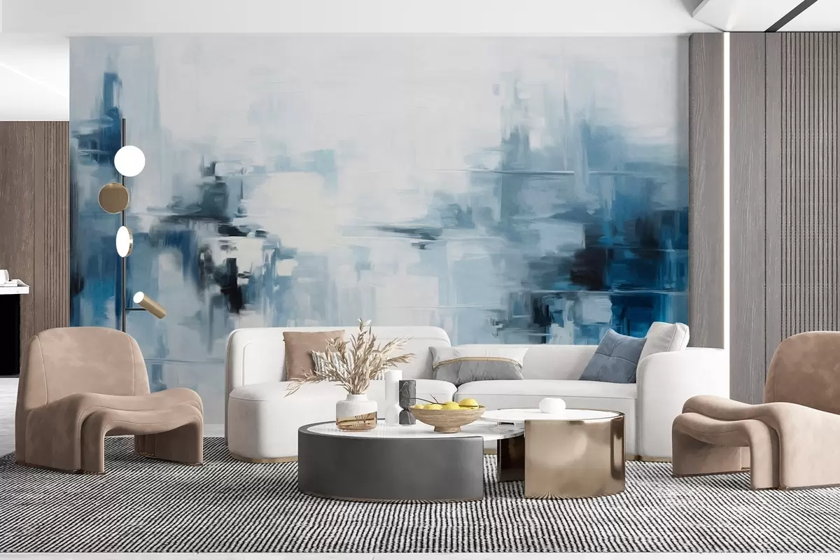 Fotobehang Abstracte imitatie van een landschapsschilderij met blauwe en witte penseelstreken, moderne stijl w09422