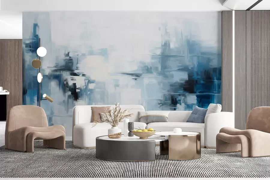 Fotobehang Abstracte imitatie van een landschapsschilderij met blauwe en witte penseelstreken, moderne stijl w09422