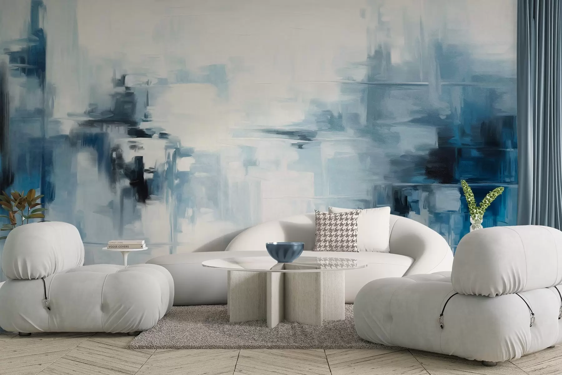 Fotobehang Abstracte imitatie van een landschapsschilderij met blauwe en witte penseelstreken, moderne stijl w09422