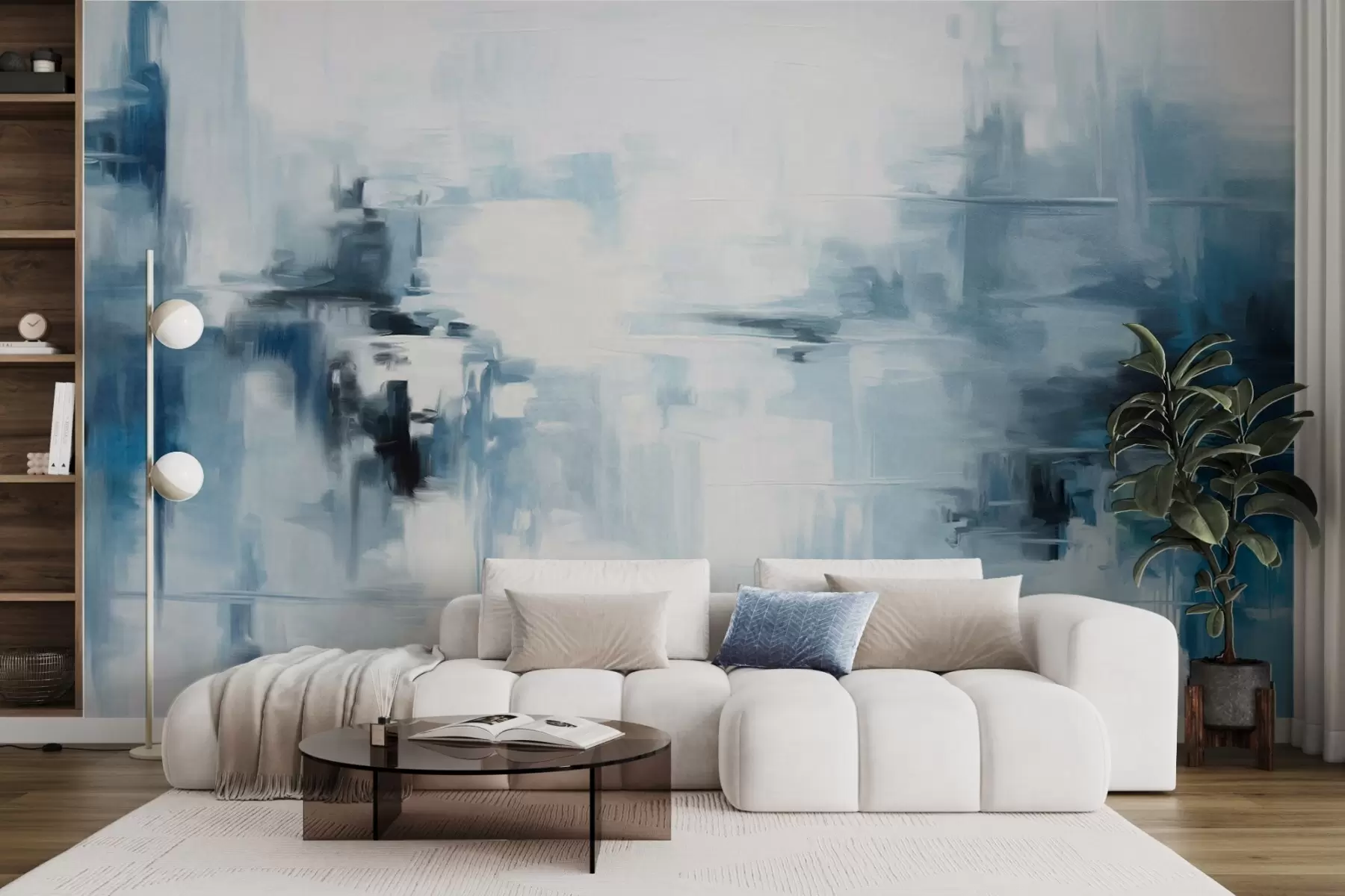Fotobehang Abstracte imitatie van een landschapsschilderij met blauwe en witte penseelstreken, moderne stijl w09422