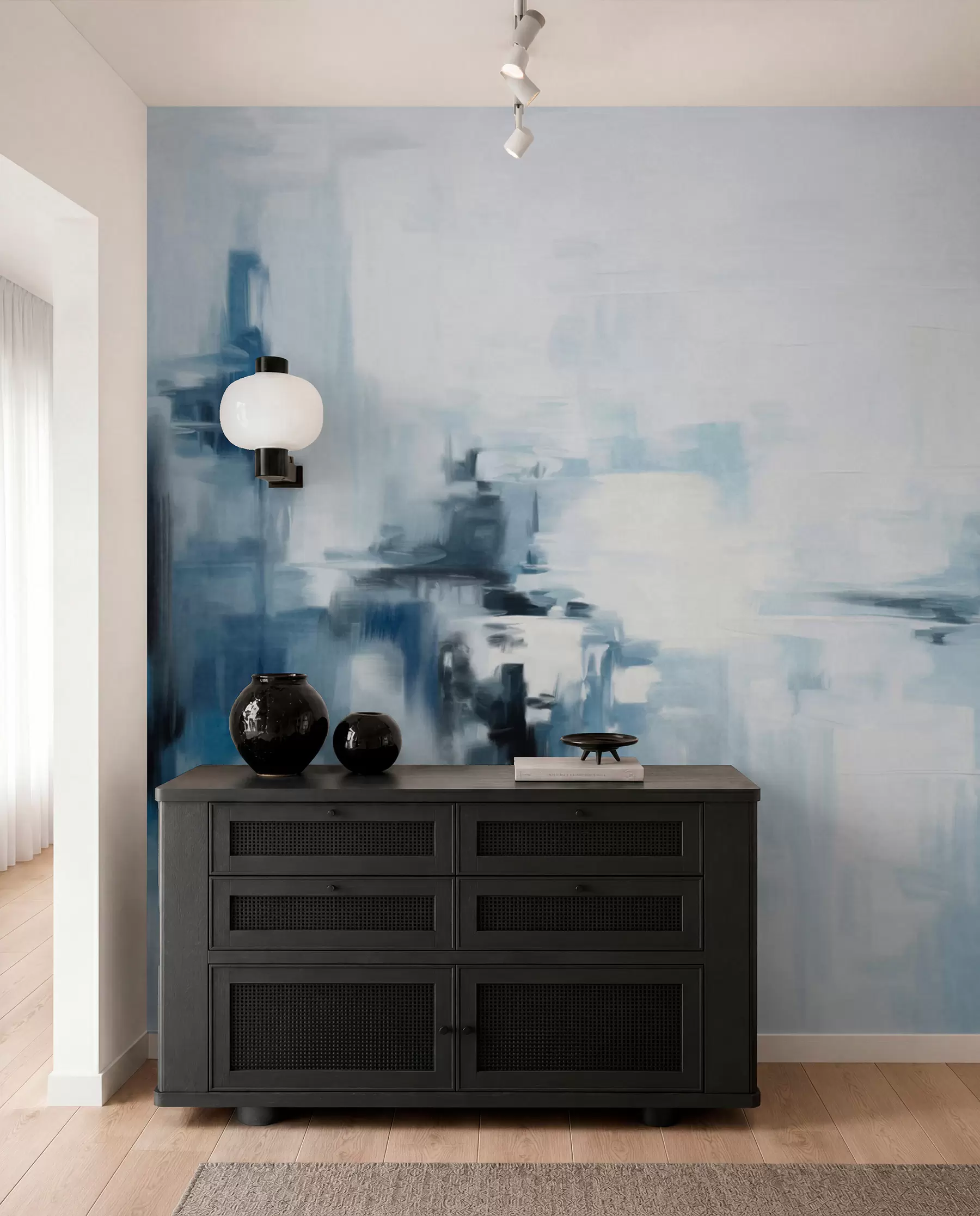 Fotobehang Abstracte imitatie van een landschapsschilderij met blauwe en witte penseelstreken, moderne stijl w09422