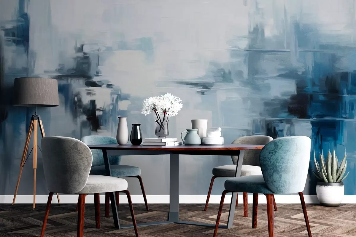 Fotobehang Abstracte imitatie van een landschapsschilderij met blauwe en witte penseelstreken, moderne stijl w09422