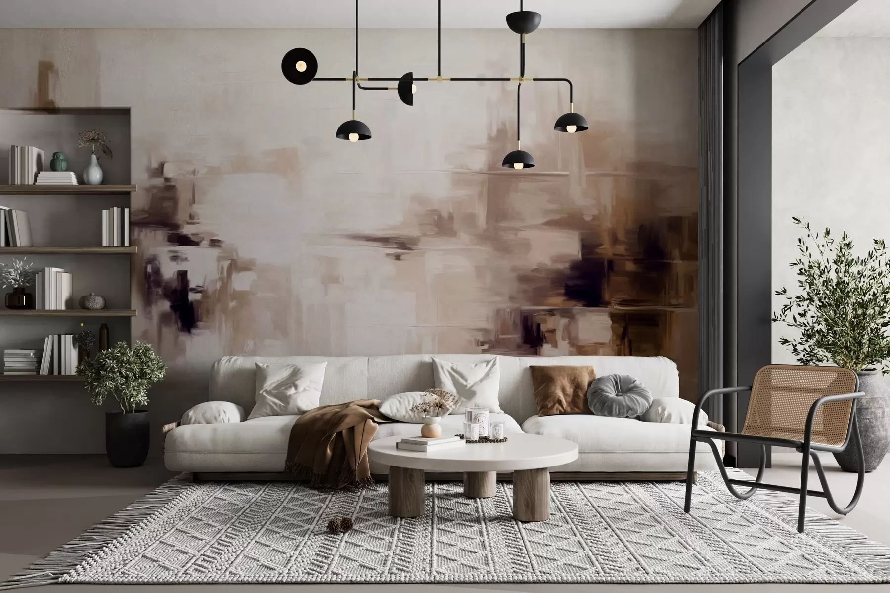 Fotobehang Abstracte imitatie van een landschapsschilderij met bruine en witte penseelstreken, moderne stijl w09422v1