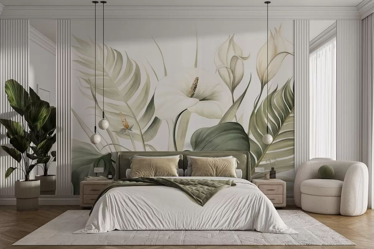 Fotobehang Witte calla lelies en groene tropische bladeren, botanische illustratie, lichte achtergrond, vintage stijl, textuur w09423