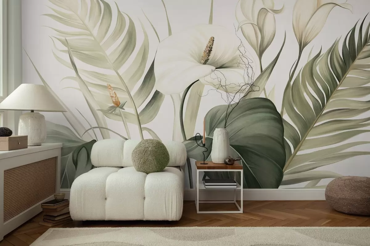 Fotobehang Witte calla lelies en groene tropische bladeren, botanische illustratie, lichte achtergrond, vintage stijl, textuur w09423