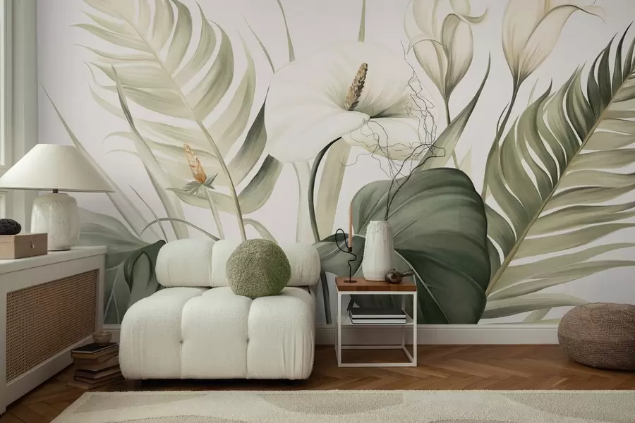 Fotobehang Witte calla lelies en groene tropische bladeren, botanische illustratie, lichte achtergrond, vintage stijl, textuur w09423